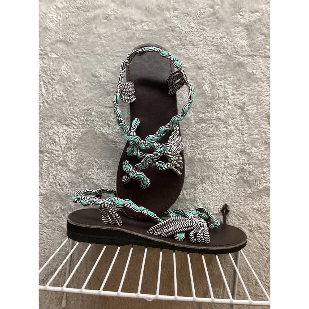 Womens Flat Sandals‎ Bohemian Braided Turquoise White Black Thong Toe